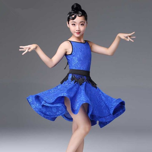 Kids lace latin dresses tassels pink violet black white red competition stage performance professional rumba samba salsa chacha dancing dresses